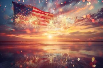 Wall Mural - American Celebration - Usa Flag And Fireworks At Sunset
