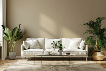 Wall Mural - Modern living room interior with white couch, beige walls and potted plant for home decor and lifestyle design inspiration