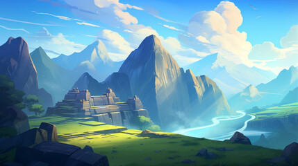 Stunning illustration of Machu Picchu with ancient ruins, misty mountains, and vibrant sky on a clean background.