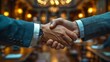 © LuvTK - Close-up of a business handshake, reflection on a high-gloss table, focusing on skin textures, polished cufflinks, blurred office environment, professional and elegant, high-definition image.