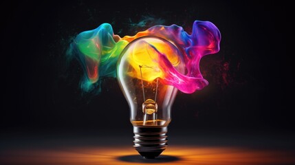 Creative light bulb explodes with colorful paint and colors. New idea, brainstorming concept