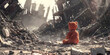 © Hijab - Children's Teddy bear toy sits in the city garbage. Heartbreaking Concept sad teddy bear in ruins of house destroyed.