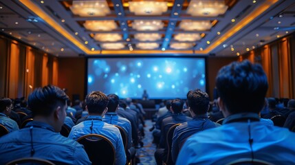 Wall Mural - A conference was held in a hotel, with many people sitting at long tables and watching presentations on stage. The main color was blue. Generative AI.