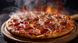 © visoot - Hot pepperoni pizza tasty pizza composition with melting cheese bacon tomatoes ham paprika serve on wooden plate with little steam smoke on black background. Generative AI.