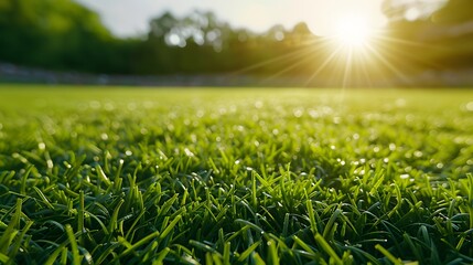 lush green grass football field under bright sunlight, with blurred spectators in the background