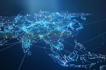 Wall Mural - a blue and white map of the world with many dots on it. the dots represent cities and other points o