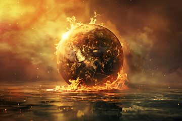 A planet is on fire and surrounded by flames. The planet is the center of the image and the flames are surrounding it