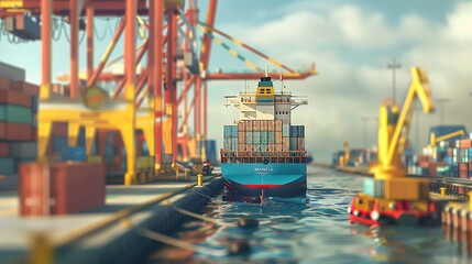 Cargo ship docked at a port, with containers being loaded, detailed and lifelike