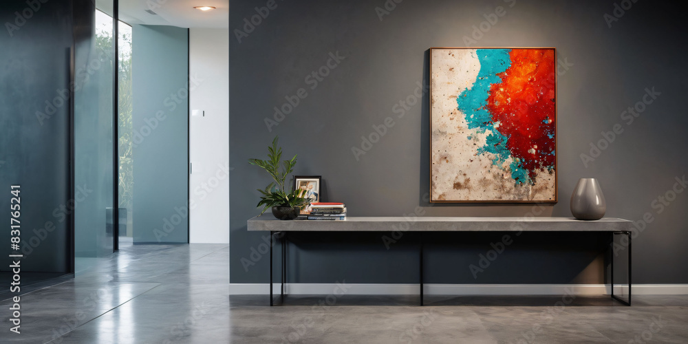 A minimalist and modern entryway with a sleek and polished concrete ...