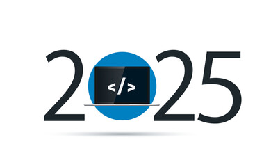 Wall Mural - happy new year 2025 year 2025 with laptop and programming code on screen