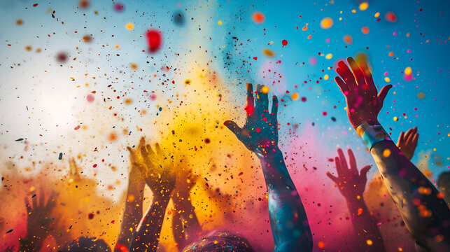Colorful Holi festival celebration with people raising their hands in the air.

