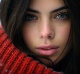 Canvas Print - A close up of a woman with long hair wearing red. AI.