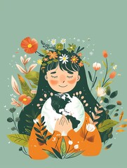 Young Girl Cherishing earth and Wildlife in Lush Nature Illustration