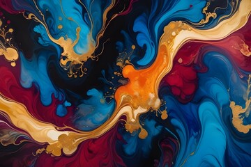Wall Mural - Hypnotizing abstract fluid art painting in alcohol ink technique featuring a captivating blend of black, gold, red and blue tones. Exquisite swirling marble-like background.