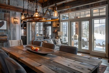 Wall Mural - A rustic dining area with a reclaimed wood table and industrial lighting fixtures.