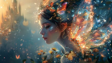 Fantasy landscape surreal illustration. Fairy princess in a flower garden with butterflies, grand castle and full moon background. Magical and romantic 3d rendering unique digital art.