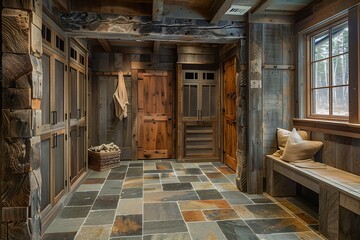 Wall Mural - A rustic mudroom with stone tiles and wooden lockers.
