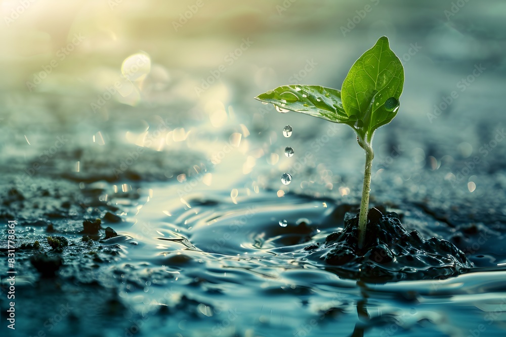 A close-up photo of a sprout with water droplets falling from its leaf ...