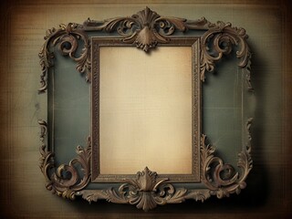 Wall Mural - vintage shabby image of an ornate frame with a beautiful ornament in gray tones. An antique canvas is ideal for photography or text