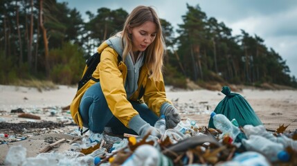 diligent volunteer collecting scattered trash and plastic debris along sandy beach, environmental cl