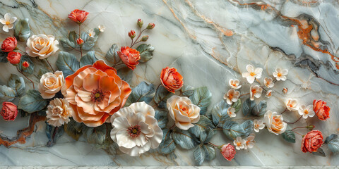 Wall Mural - panel wall art, wall decoration, marble background with flowers designs