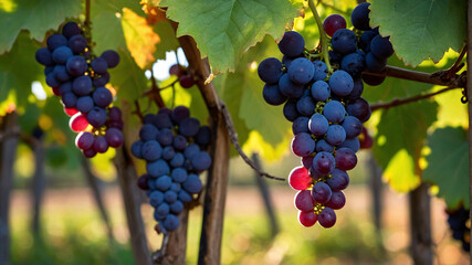 Black grapes ready for harvesting, grape vines ready for picking, vineyard in the autumn sun. Generative AI.