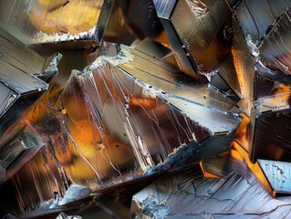 A close-up microscope image of a mineral crystal, highlighting the sharp edges and detailed patterns. The high-resolution view captures the unique and fascinating structure of geological materials.