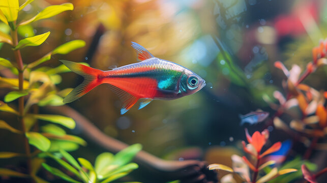 Neon Tetra fish with bright colors and small bodies swim happily in a colorful aquarium, Ai generated Images