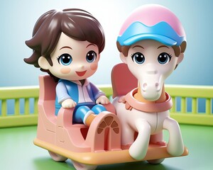Wall Mural - Boy and girl on rocking horse cartoon flat design front view daycare theme 3D render Splitcomplementary color scheme