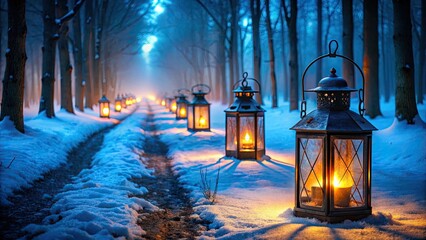 Wall Mural - Snowy forest path illuminated by lanterns