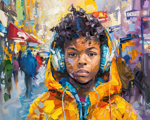 Canvas Print - oil painting of young man in streets 