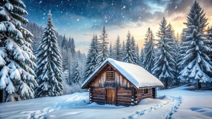 Canvas Print - Snowy cabin surrounded by tall pine trees