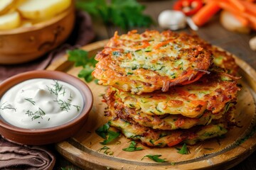 Wall Mural - Close-up of healthy vegetable patties served with a creamy dipping sauce on a table