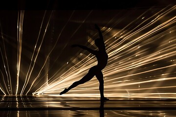 Wall Mural - A silhouette of a gymnast performing a graceful floor routine, leaving a trail of light streaks.