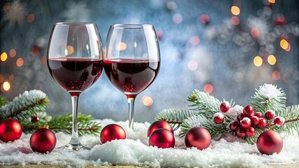 Canvas Print - Two Wine Glasses in a Festive Snowy Setting with Red Ornaments