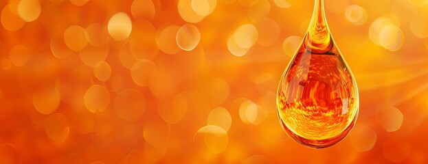 wide-angle view of a single drop of orange oil, photorealistic, detailed texture, reflecting light, 