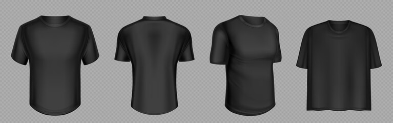 Black tshirt mockup vector. Front and back blank t shirt template mock up design. Male short sleeve sport uniform 3d isolated set. Fabric apparel object for young body model. Oversize unisex fashion