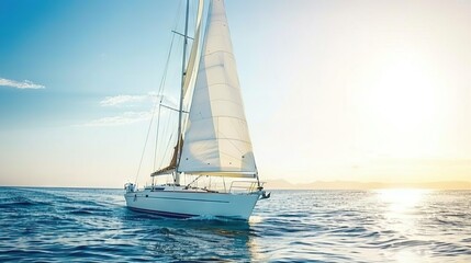 Wall Mural -   A sailboat in the middle of a body of water bathed in sunlight with a warm, golden glow emanating from the horizon
