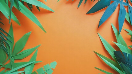 Wall Mural -   A clear close-up of green foliage on an orange backdrop with space for text on the left side