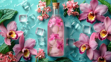 Poster -   A blue surface holds a bottle of water, adorned with pink flowers and surrounded by ice cubes