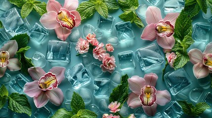 Wall Mural -   A cluster of pink blooms nestled atop ice blocks atop a verdant table linen