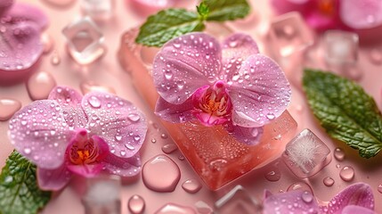 Wall Mural -   A close-up photo shows a flower on top of a soap, while droplets of water rest at its base
