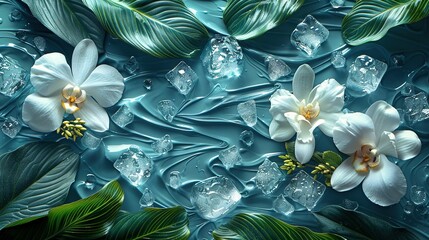 Poster -   A painting of white flowers and green leaves on a blue background featuring ice cubes at the base