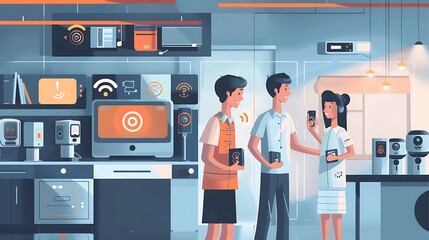 Smart Homes: Design a visual showing a family using voice commands to control various smart home devices, from adjusting the thermostat to managing security cameras