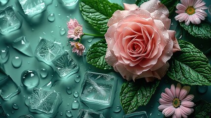 Wall Mural -   A pink rose resting atop ice cubes amidst green foliage and surrounded by pink blossoms against a blue backdrop