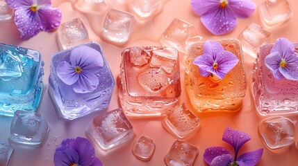 Poster -  An iced floral centerpiece featuring several ice cubes adorned with purple blooms