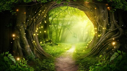 Wall Mural -   A path through a forest illuminated by fireflies emerging from the trees
