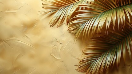 Wall Mural -   A palm leaf displayed against gold and green backgrounds on a wall