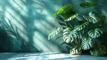 Wall Mural -   A potted plant perched atop a wooden floor, casting a shadow against the wall behind it