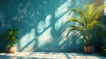  Two potted plants sit against a blue backdrop, framed by shadows of a palm tree on the adjacent wall